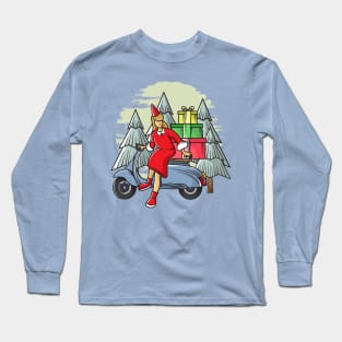 Scooter with women in christmas costumes Long Sleeve T-Shirt